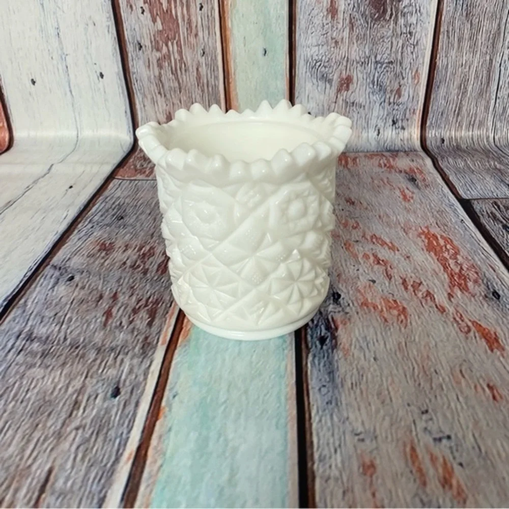 Vintage White Milk Glass Toothpick Holder Daisy and Button Sawtooth Rim 4in
